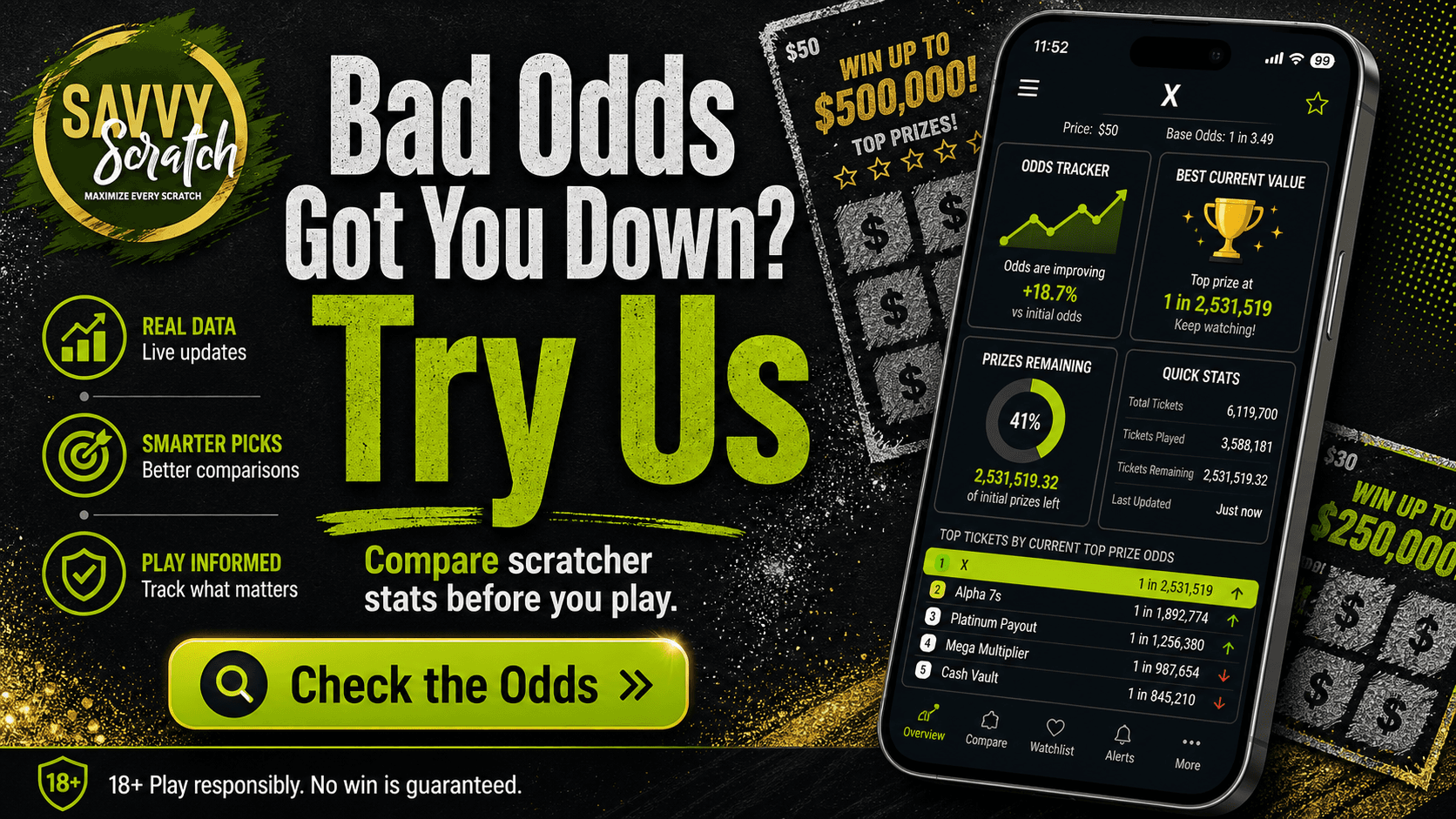 The Savvy Scratch app comparing scratch-off tickets by current top-prize odds and prizes remaining