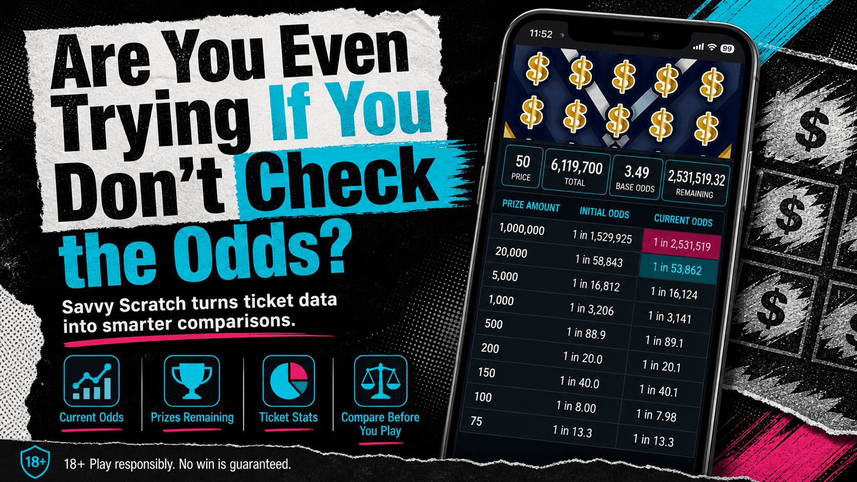 The Savvy Scratch app showing initial vs. current odds across a scratch-off game's prize tiers